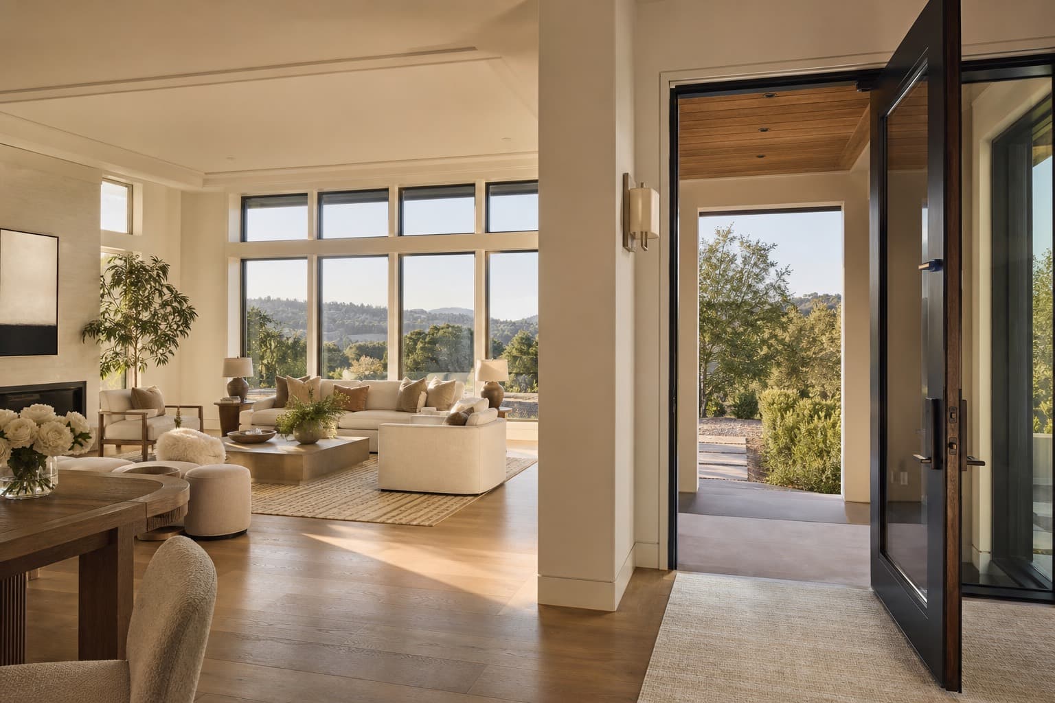 Sunlit luxury Bay Area home interior opening to the hills
