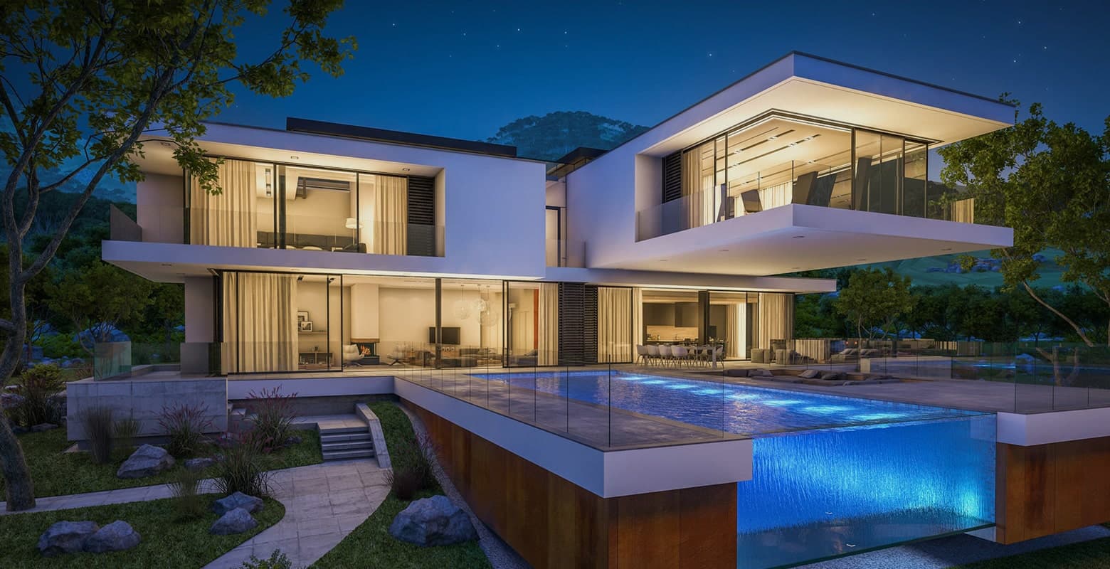 Luxury modern home at dusk with infinity pool