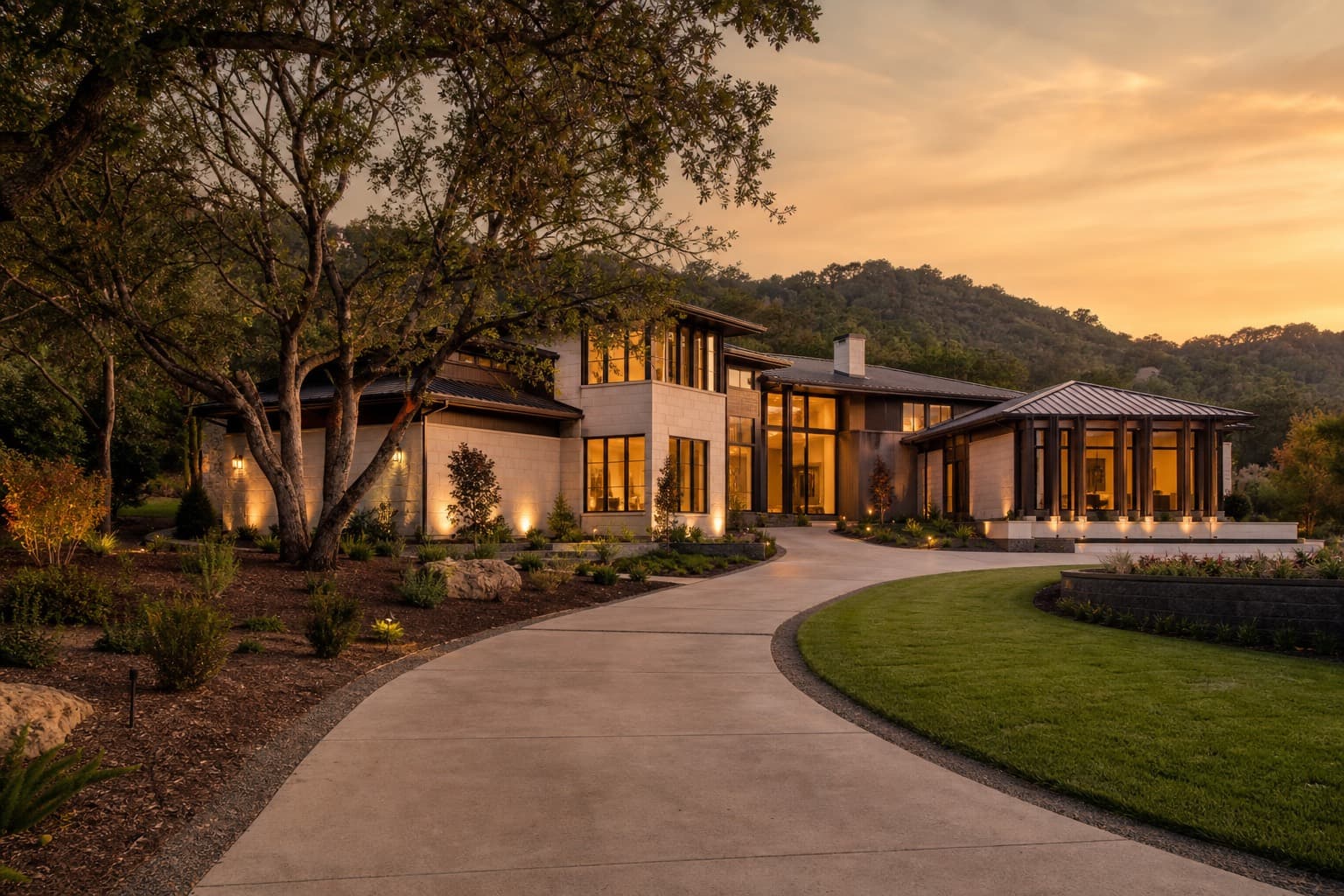 Luxury Danville home exterior at golden hour with mature oaks