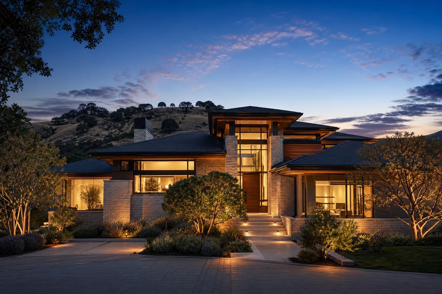 Modern luxury Bay Area home illuminated at twilight
